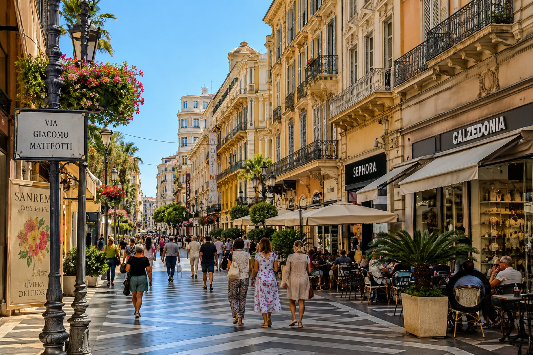 La rue piétonne la plus célèbre de Sanremo est la Via Giacomo Matteotti, souvent appelée simplement “Via Matteotti”. Cette élégante avenue commerçante constitue le cœur animé du centre-ville et l'un des lieux les plus agréables pour se promener à Sanremo.