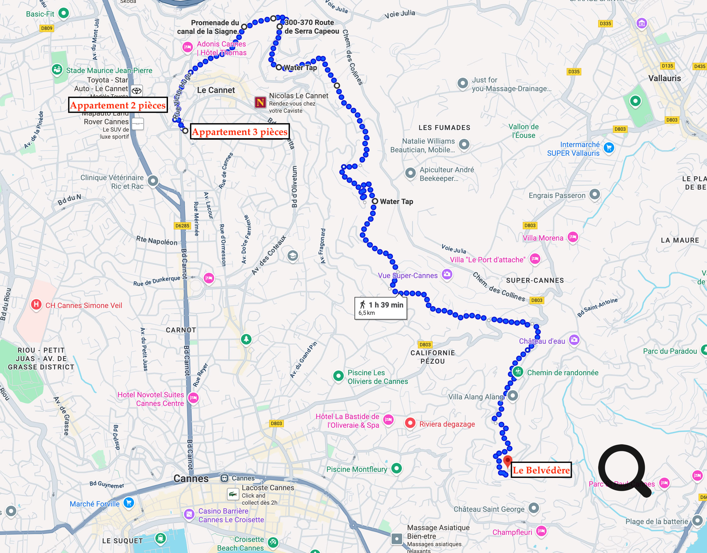La balade du canal de la Siagne, sur les hauteurs du Cannet jusqu’à Cannes, est un parcours d’environ 1h30 à 2h, long de 3 à 7 km selon l’itinéraire choisi et accessible toute l’année.  Vous partez du vieux Cannet (rue des Prés, rue Saint‑Sauveur), grimpez via des escaliers et le chemin rural pour atteindre le sentier du canal, aujourd’hui couvert, mais bordé de végétation méditerranéenne comme eucalyptus, mimosas et chênes‑lièges. 