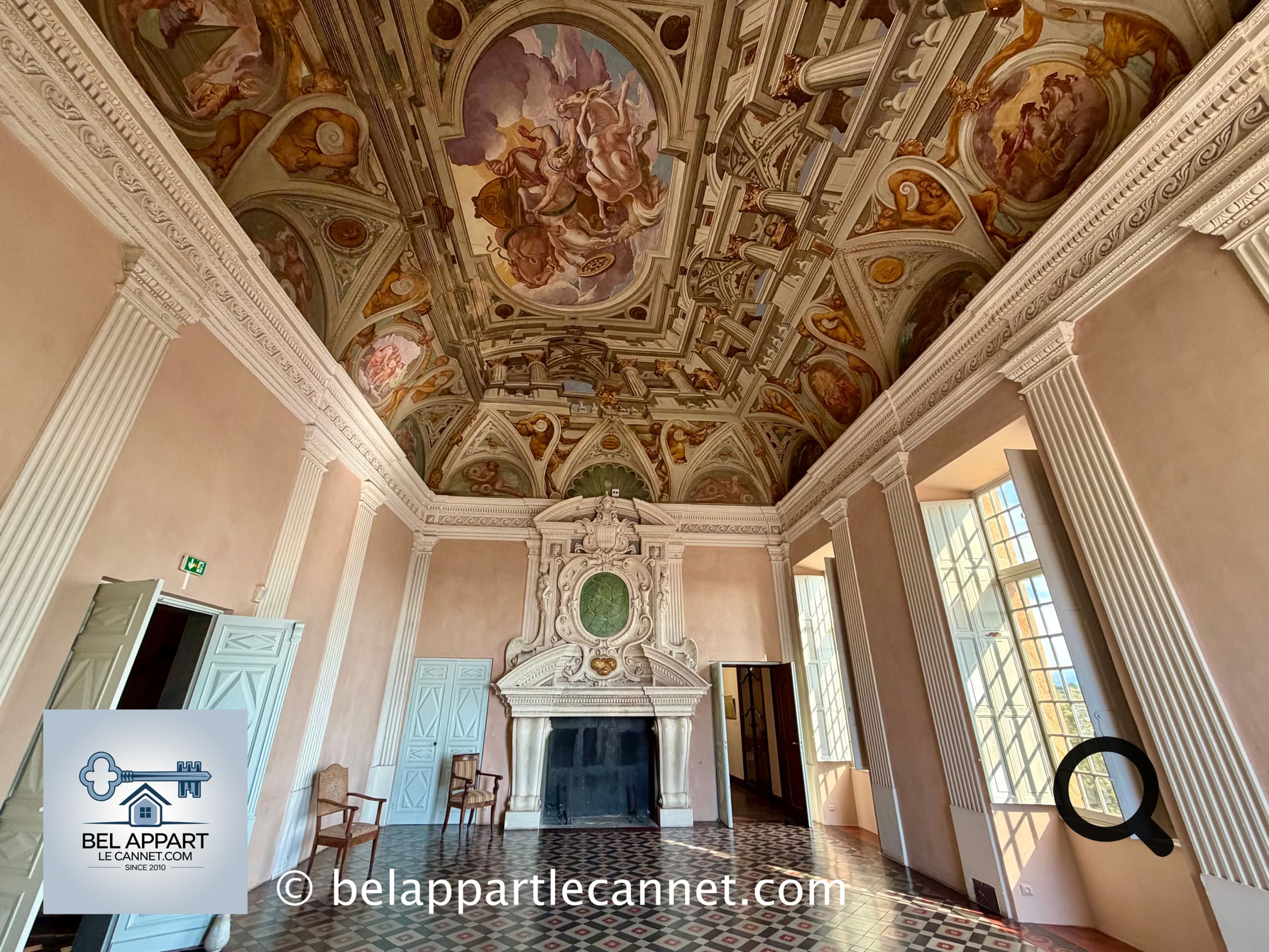 One of the castle’s treasures is its spectacular painted Baroque ceiling depicting the Fall of Phaethon, attributed to the Genoese painter Giulio Benso in the 1620s. The building also preserves a triangular inner courtyard, vaulted rooms, and elevated viewpoints overlooking Cagnes-sur-Mer, the Mediterranean coastline, and the Alps.