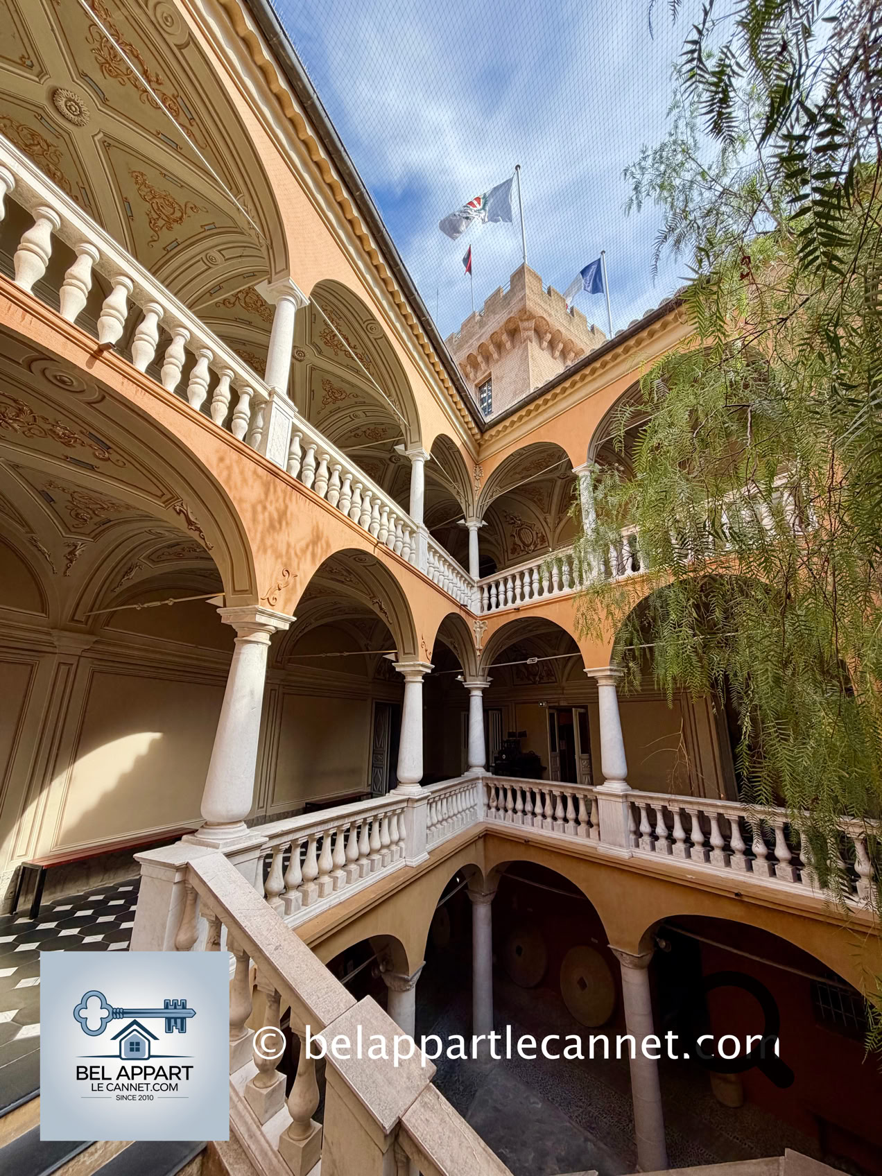 One of the castle’s treasures is its spectacular painted Baroque ceiling depicting the Fall of Phaethon, attributed to the Genoese painter Giulio Benso in the 1620s. The building also preserves a triangular inner courtyard, vaulted rooms, and elevated viewpoints overlooking Cagnes-sur-Mer, the Mediterranean coastline, and the Alps.