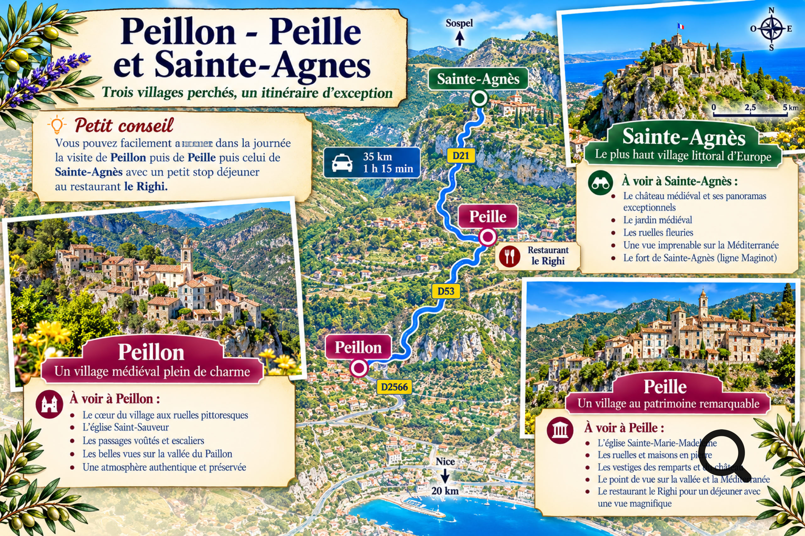 Situé sur l'itinéraire reliant les charmants villages de Peille et de Sainte-Agnès, je vous conseille de poursuivre la route en direction du village de Peille pour une visite de ce village peu connu des hordes de touristes puis de continuer sur le superbe village de Sainte-Agnès pour faire un arrêt déjeuner.  